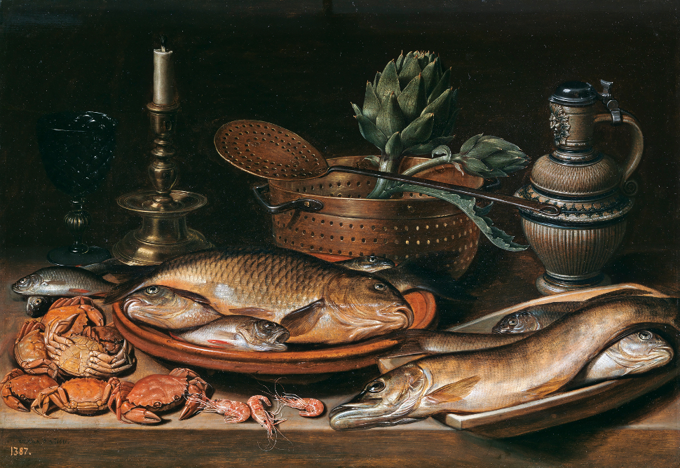 'Bodegón con pescado, vela, alcachofas, cangrejos y gambas', 1611