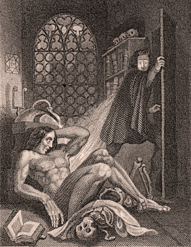 Ilustración del doctor Frankenstein junto a su creación (Edición de 1831). Imagen: Theodore Von Holst / Tate Britain