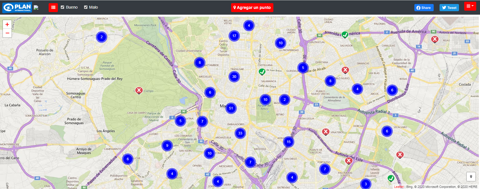 Algunos de los puntos conflictivos marcados en Madrid.