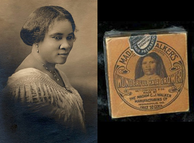 La auténtica Madam C.J. Walker y uno de sus productos. Fotos: Wikimedia Commons. La auténtica Madam C.J. Walker y uno de sus productos. Fotos: Wikimedia Commons.