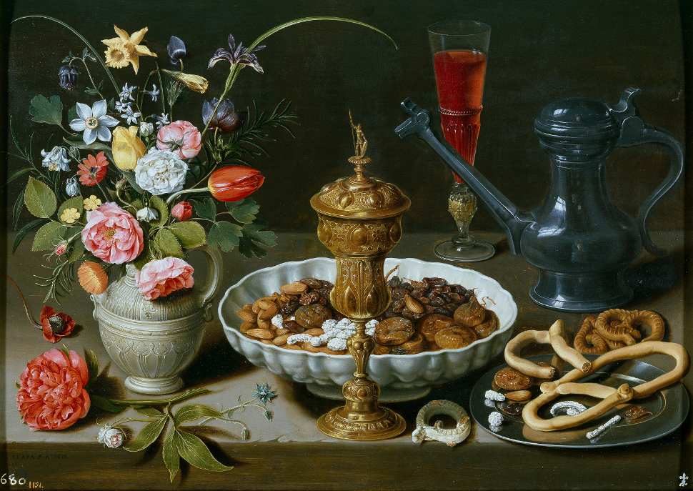 'Bodegón con flores, copa de plata dorada, almendras, frutos secos, dulces, panecillos, vino y jarra de peltre', 1611