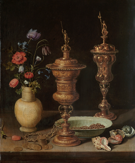 'Bodegón con flores, copas doradas, monedas y conchas', 1612