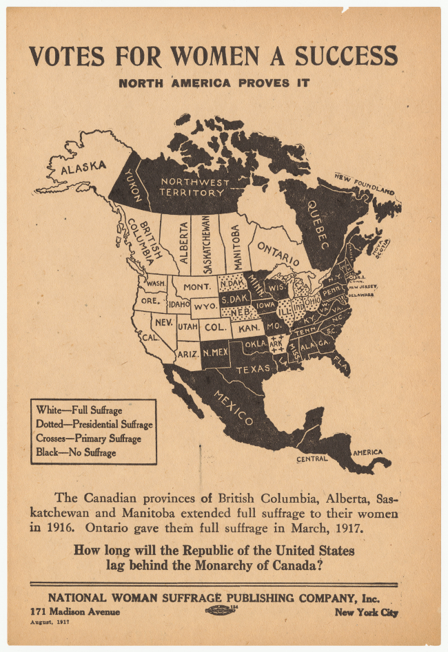 Mapa promocional del movimiento sufragista estadounidense. National Woman Suffrage Publishing Co. / Universidad de Cornell