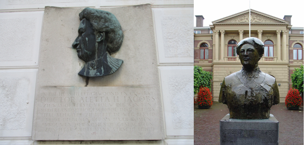 Placa conmemorativa en Ámsterdam y busto en su alma máter, la Universidad de Groningen. Imágenes: Wikimedia Commons